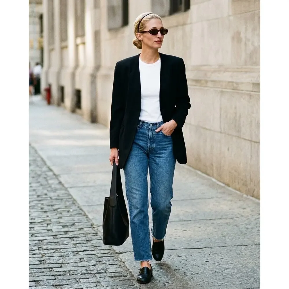 CHRISTIAN DIOR Vintage Black Collarless Blazer Jacket Sz 6 Minimalist Luxury 90s